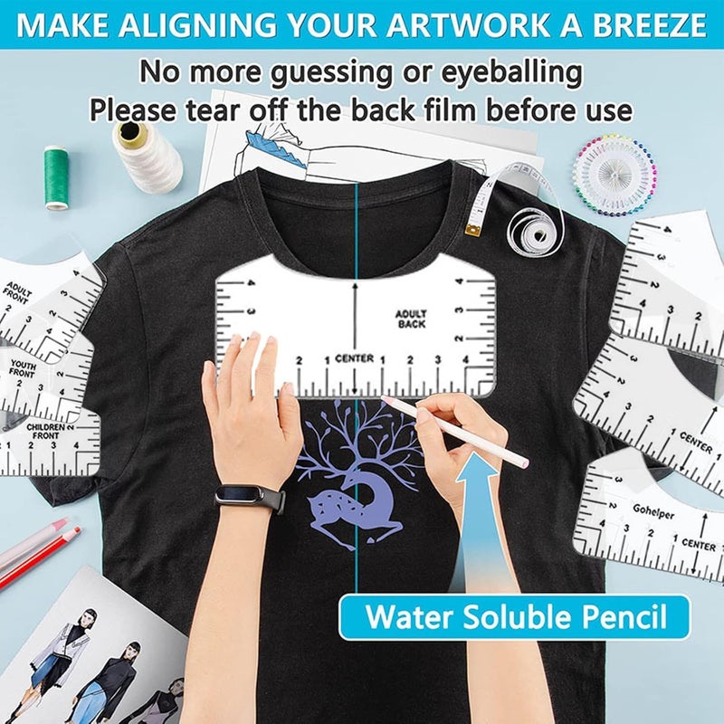 DNSGOOR 67 Pcs Sublimation Shirts Tool Kits for Vinyl Alignment,Portable Pad for Ironing,T-Shirt Rulers Guide and Teflon Sheet for Cricut Heat Press HTV Vinyl Center Designs,Craft Sewing Accessories - Image 4